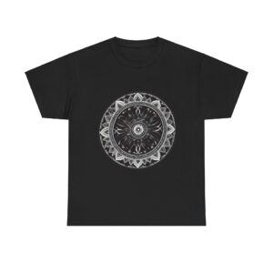 Black and white t-shirt with a bold circular design at the center, combining classic style with unique artistic details.