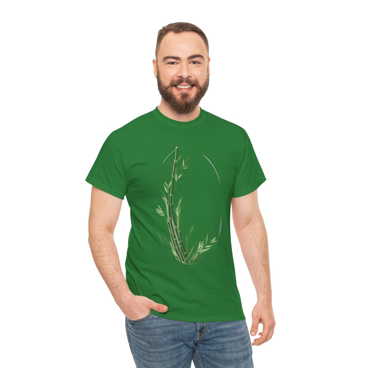 Man wearing Bamboo T Shirt with a green nature-inspired design