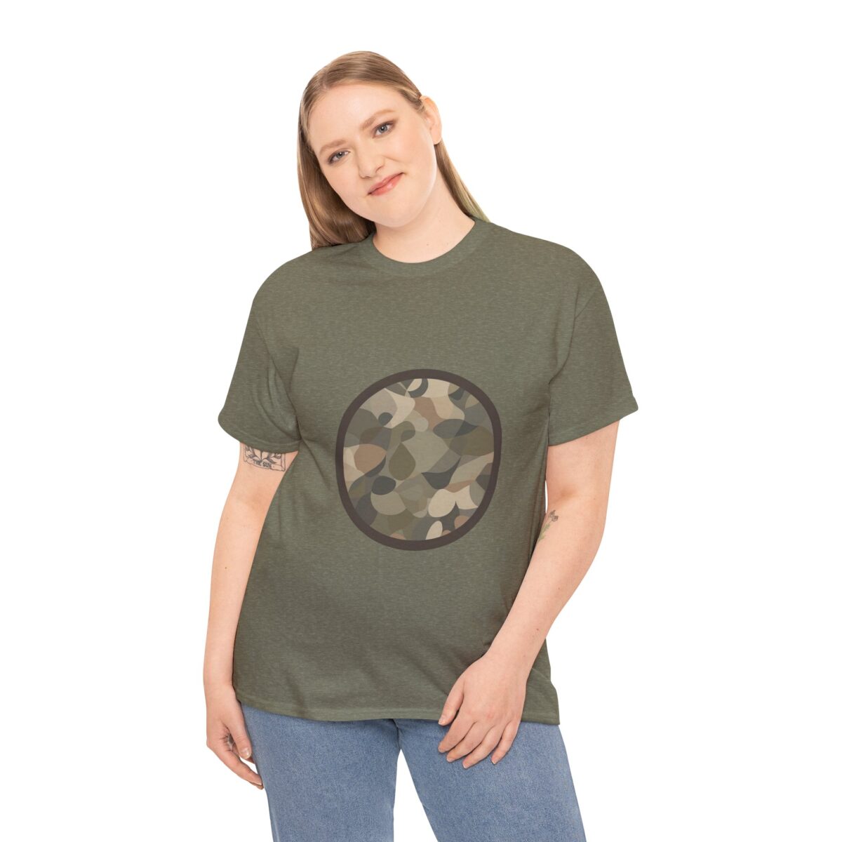 Woman wearing a Camo T Shirt​ with a bold camouflage design