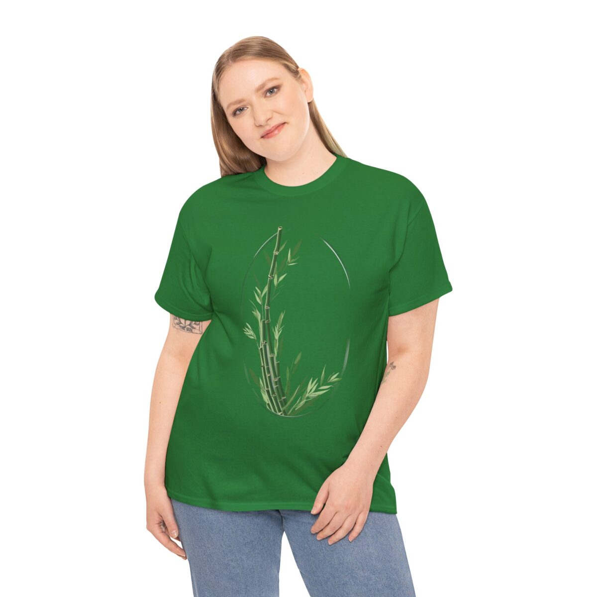 Woman wearing Bamboo T Shirt with a natural green bamboo design