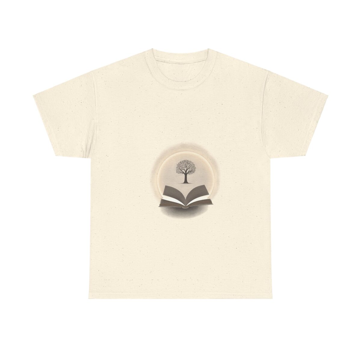 A beige T-shirt featuring a minimalist tree sprouting from an open book design.