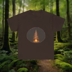 fireside pine t-shirt with campfire and pine tree design displayed on a flat surface with forest background