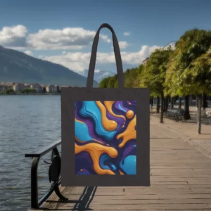 oil spill pattern tote bag with vibrant abstract design in blue, orange, and purple displayed on a black bag near a waterfront