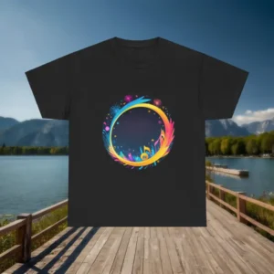 Black t-shirt with a colorful circular festival design laid flat