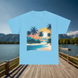Light blue t-shirt with tropical beach and sunset illustration