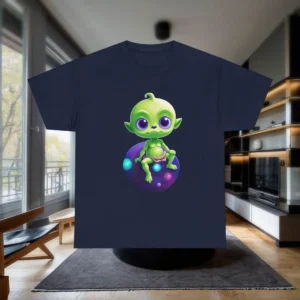 Im Not From This Planet t-shirt with green alien design displayed flat in a modern living room