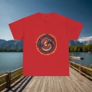 Red T-shirt with flaming dragon print on outdoor background