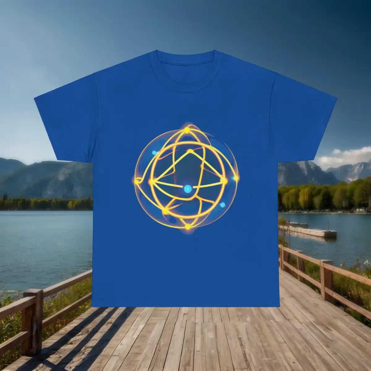 Argon T-Shirt - Men's with glowing atom design on wooden deck background with lake and mountains