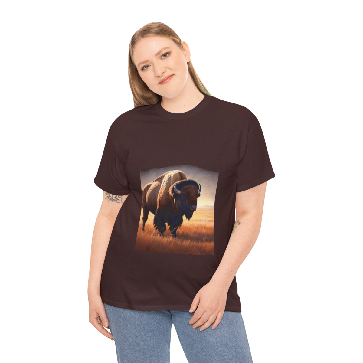 Woman wearing an American Bison T-Shirt with a vibrant bison design