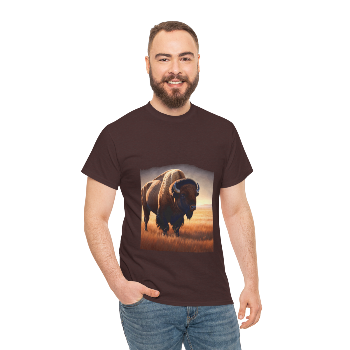 Man wearing an American Bison T-Shirt with a bold bison print design