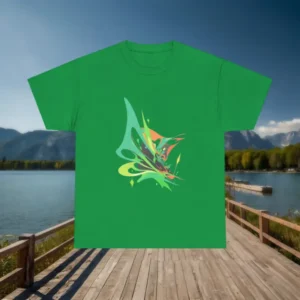 Flat view of green t-shirt with colorful abstract splash design.