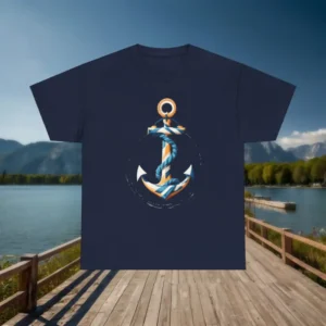 Flat lay of navy blue t-shirt with colorful anchor and rope graphic on a wooden pier