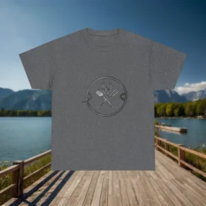 Dark grey t-shirt with circular BBQ tools and flame graphic