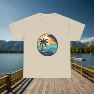 Beige t-shirt with beach sunset and palm tree design