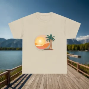 eige t-shirt with a beach sunset and palm tree print