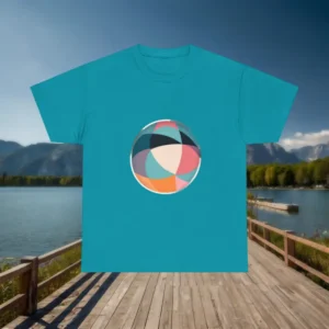 Flat lay of turquoise t-shirt with colorful abstract geometric shapes inside a circle