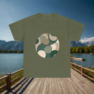 Green t-shirt flat lay with camouflage circle design made of curved shapes, set on a dock by the lake