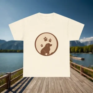 Off-white flat t-shirt with brown dog and paw print illustration on a dock by the lake