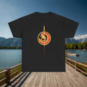 Flat lay of black t-shirt with a red and gold dragon inside a round Chinese fan