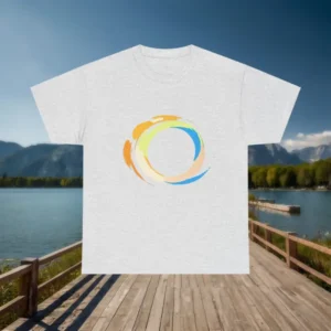 Flat lay of grey t-shirt with colorful artistic circle design on a dock by the lake