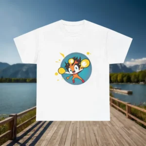 Flat white t-shirt with colorful cartoon superhero graphic on wooden dock background