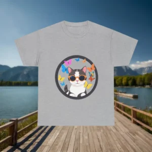 Grey t-shirt with a cartoon cat in sunglasses and butterflies laid flat