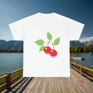 Flat lay of white t-shirt with cherry fruit graphic on wood deck with lake background