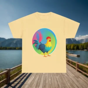 Flat yellow t-shirt with colorful rooster print placed on lakeside wooden dock
