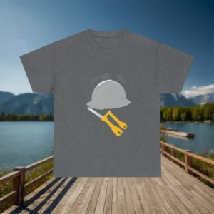 Dark grey unisex t-shirt with construction helmet and screwdriver graphic