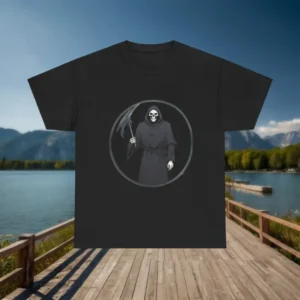 Black t-shirt with Grim Reaper and scythe graphic in circle