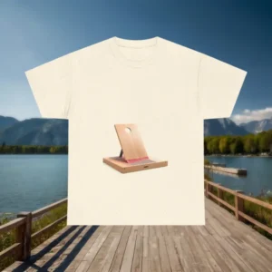 Beige t-shirt with printed cornhole board and bean bags