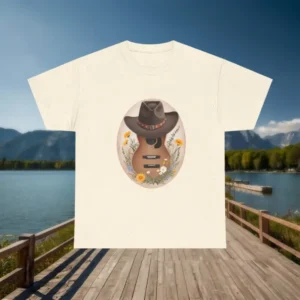 Light beige t-shirt with country guitar and cowboy hat floral graphic
