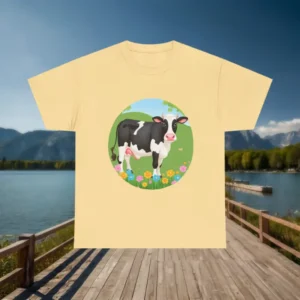 Yellow t-shirt with cartoon cow and flower field illustration