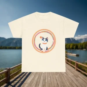 Flat off-white t-shirt with cartoon kitten and colorful ring on mountain dock background