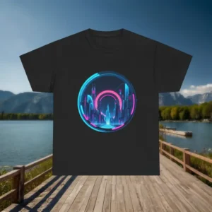 Flatlay of black cyberpunk t-shirt with neon futuristic city illustration