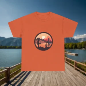 Orange t-shirt with circular desert cactus sunset print
