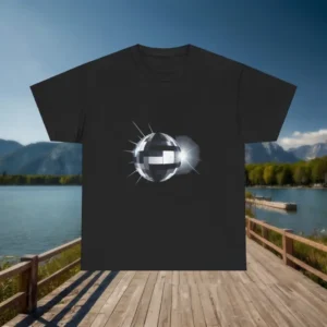 Flat black t-shirt with a silver disco ball design
