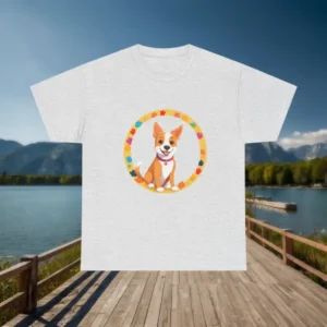 Gray t-shirt displayed with a cartoon dog design and a colorful paw print border