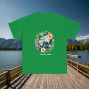 Green t-shirt with floral planet Earth Day design on wooden dock background