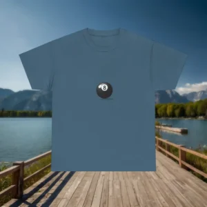 Blue t-shirt with an eight ball graphic laid flat