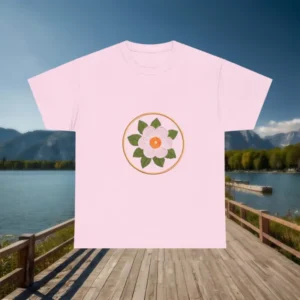 Pink t-shirt with embroidered flower graphic laid flat