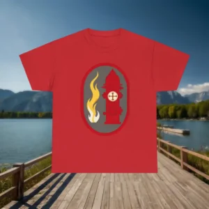 Red t-shirt with flame and fire hydrant graphic laid flat