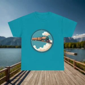 Flat lay of a teal blue t-shirt with a vintage steam locomotive illustration in a circular frame
