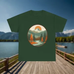 Flat lay of green t-shirt with retro-style illustration of mountains, trees, river, and sunset