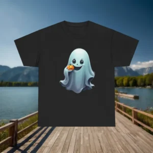 Black t-shirt with a cartoon ghost holding a pumpkin