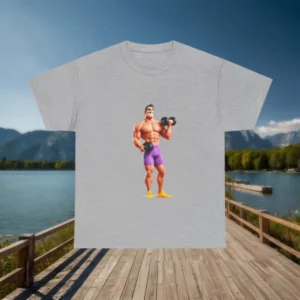 Grey t-shirt with a cartoon bodybuilder holding dumbbells laid flat