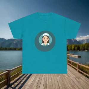 Teal t-shirt with cartoon nurse character laid flat