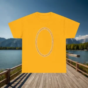 Flat view of a golden yellow t-shirt with oval pattern