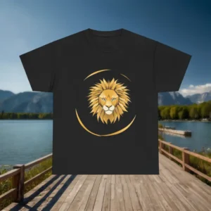 Flat lay of black t-shirt with a stylized golden lion face and dynamic curved lines