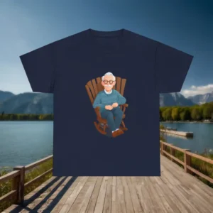 Navy blue t-shirt with a grandad illustration printed on it, laid flat outdoors